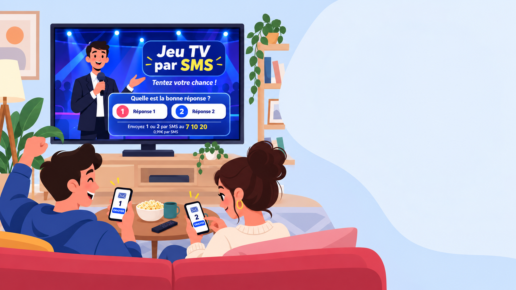 Deux personnes installées devant leur télévision, téléphone en main, pendant un jeu-concours par SMS